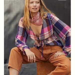 Anthro Pilcro M Plaid Deep-V Blouse